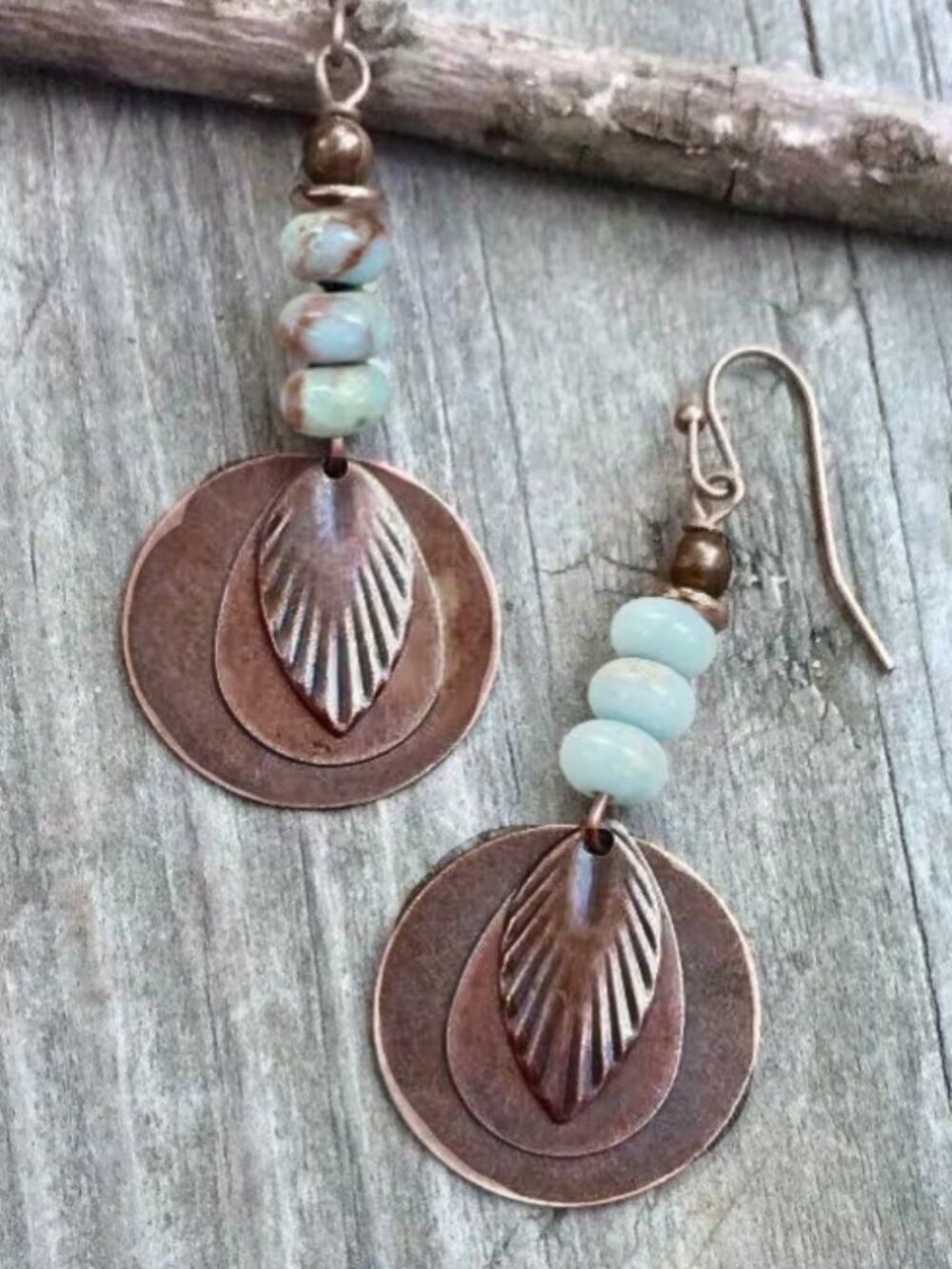 Boho Chic Aged Copper Earrings Beaded Leaf Mixed Shapes Dangles Antiqued Metal
